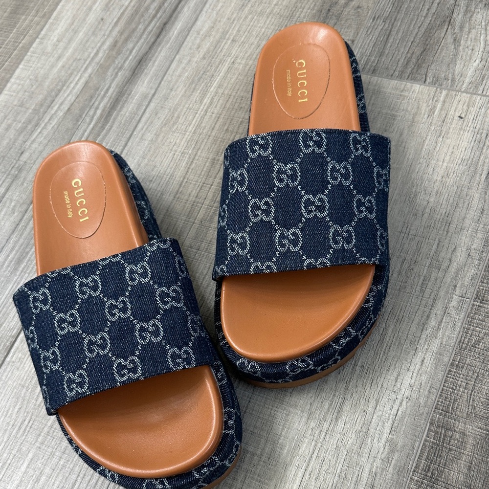 Gucci Navy Denim Monogram Slide Sandals with Tan Footbed